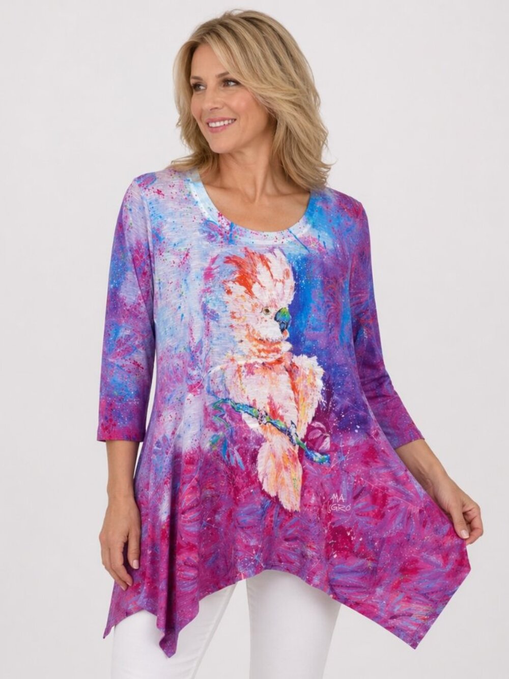 Leoma Lovegrove Top L Parrot Art Print Asymmetric Hem Tunic Colorful 3/4 Sleeve